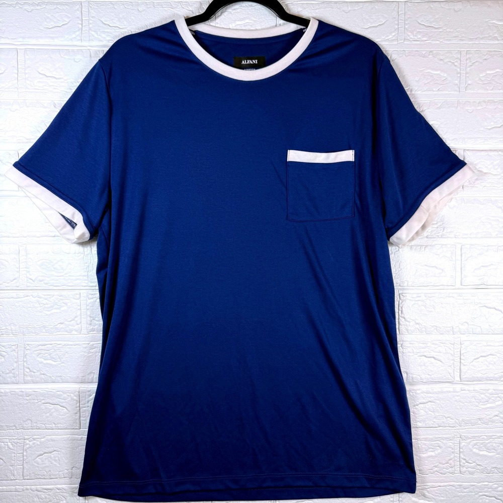 Alfani Ringer T-Shirt Mens XL Blue White Pocket Stretch Short Sleeve Tee